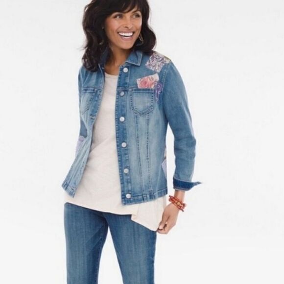 Chico's Jackets & Blazers - Chicos Patchwork Stretch Light Wash Oversized Jean Jacket Size 0 Small 4